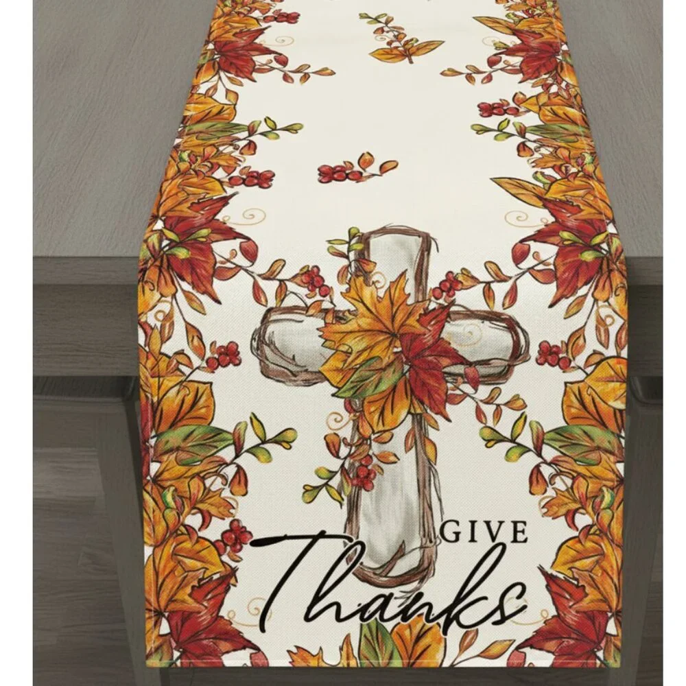 Fall Table Runner Christian Cross Decor Autumn Thanksgiving Decoration Cloth 72